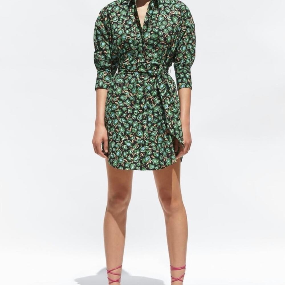 ZARA Floral Shirt Dress Green Black Oversized Cotton Button Front Pocket L